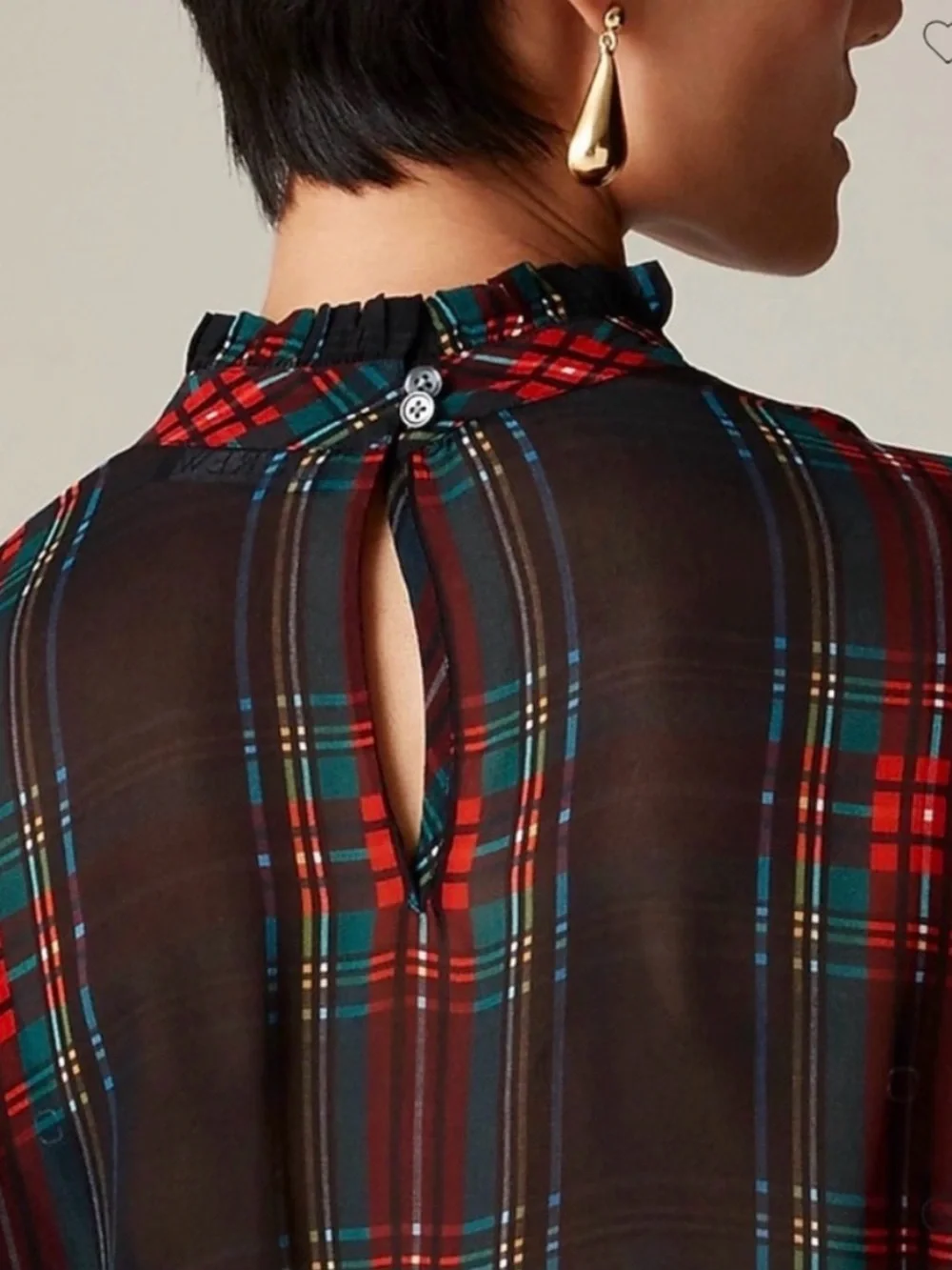 J.Crew Ruffleneck Top Stewart Tartan Chiffon XS Plaid Holiday Red Green Sheer